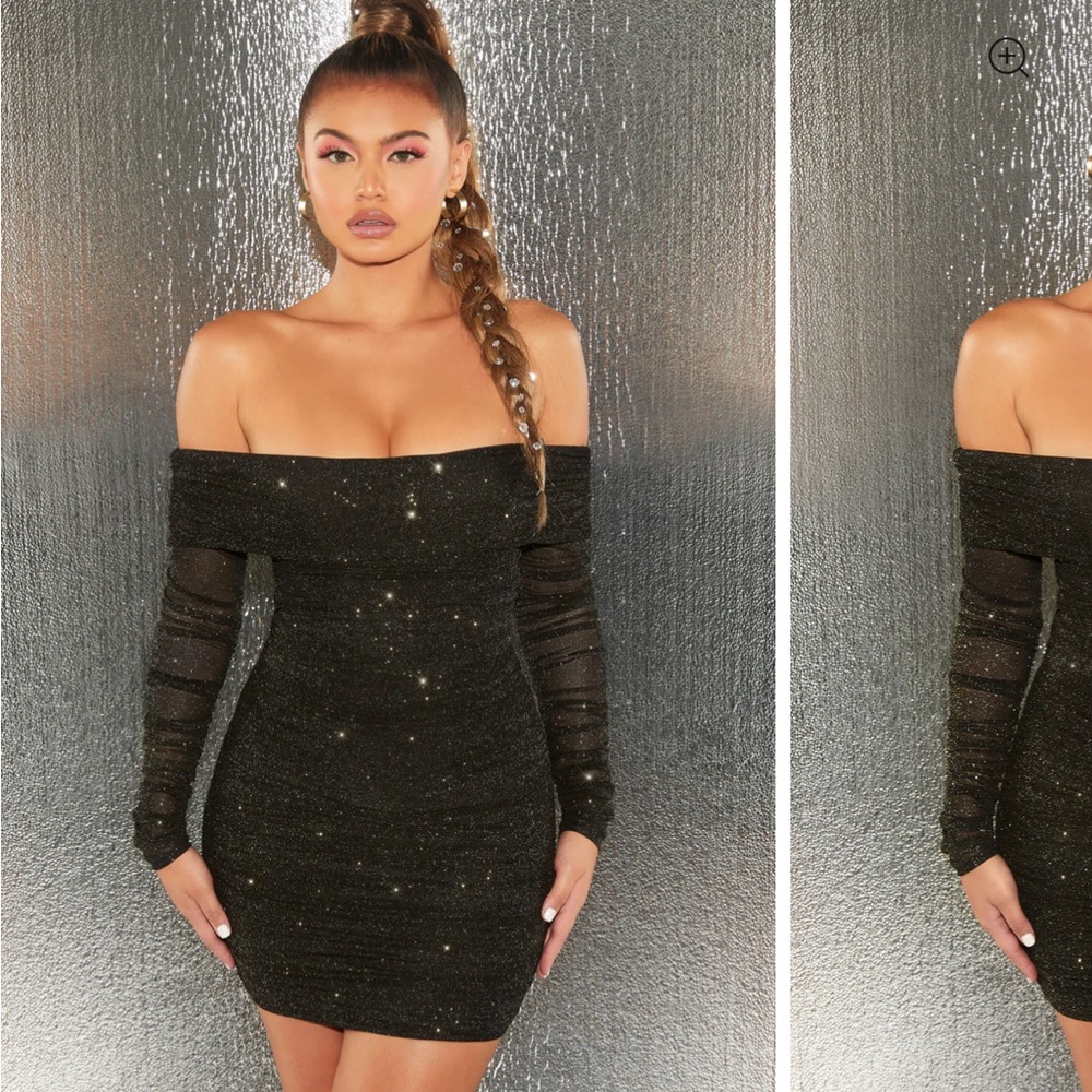 All That Glitters Long Sleeve Bardot Mini Dress In Black size US 2 (Oh Polly)